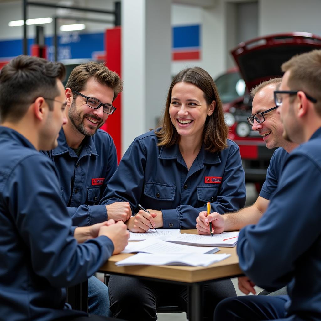 Automotive technicians study group collaborating on practice questions