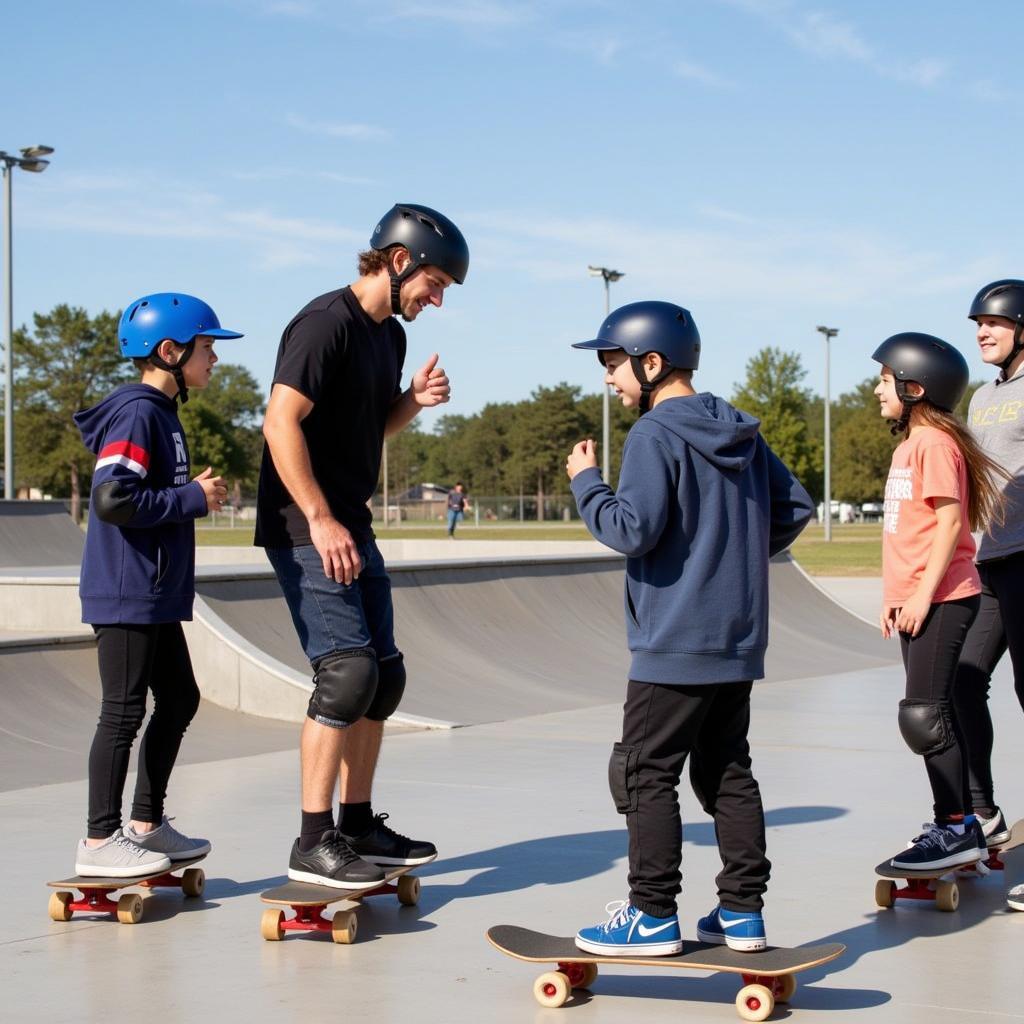 A group of beginners learning to skateboard with an instructor.