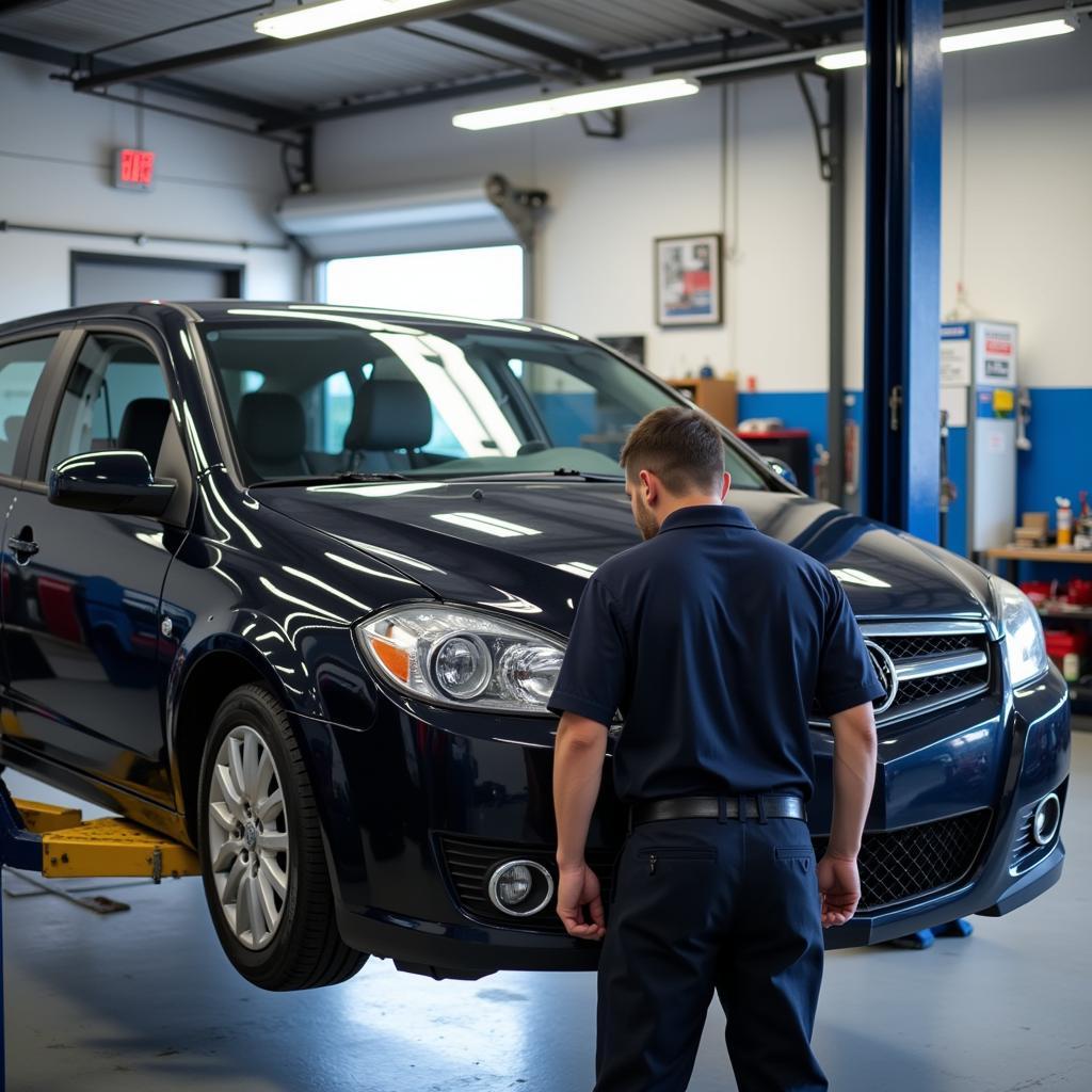 Car being serviced by an ASE certified mechanic in a Concord, NH auto repair shop.