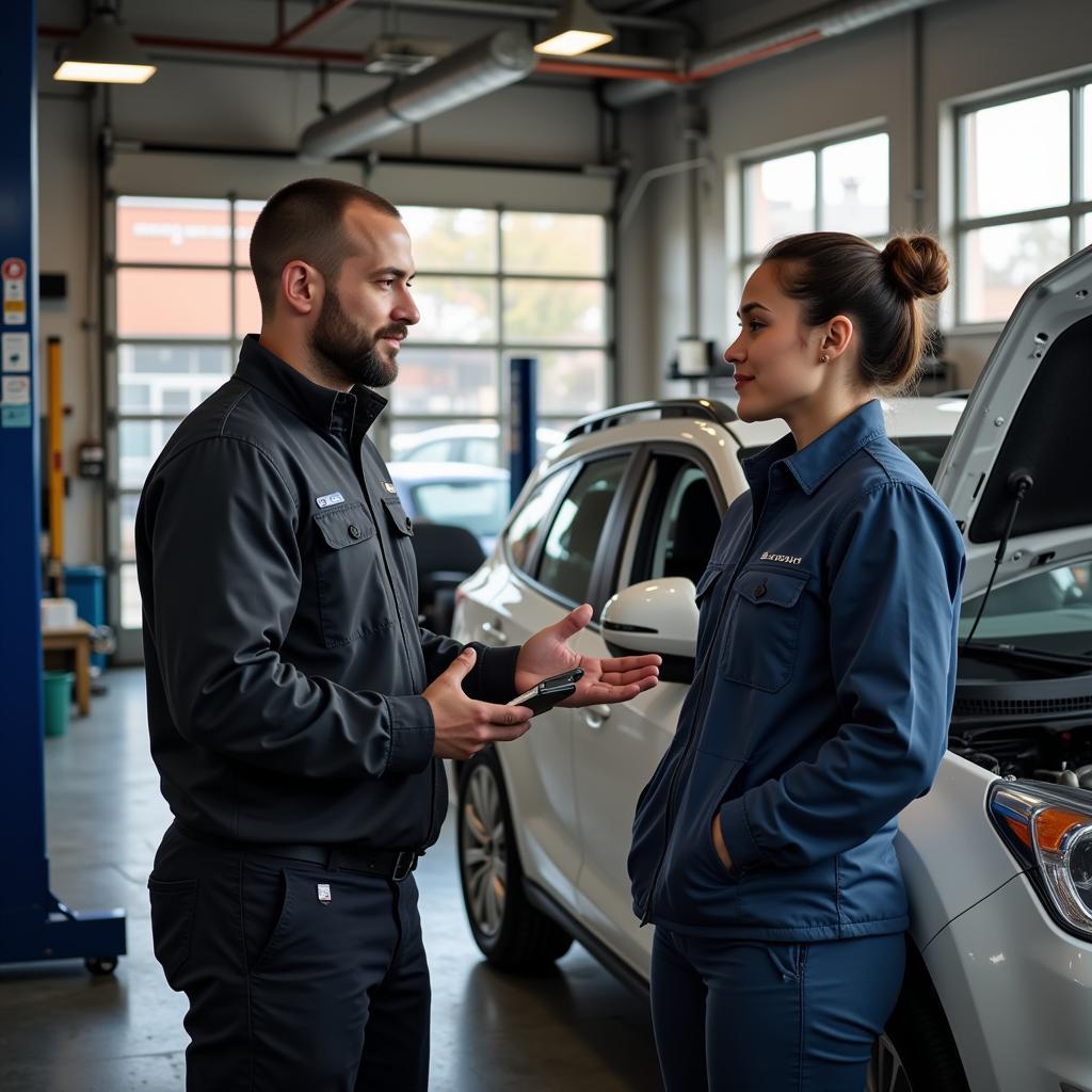 Car Owner Discussing Repair Options with ASE Mechanic in Portland