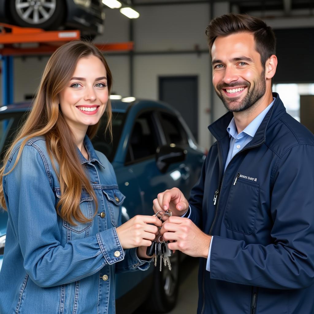 Car Owner Receiving Keys from Mechanic After Repair