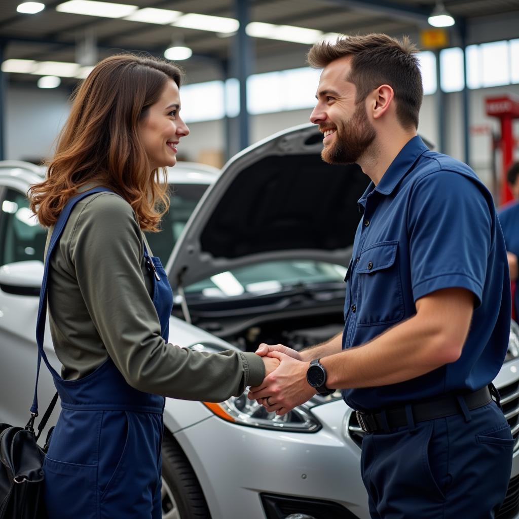 Car Owner Shaking Hands with Mechanic