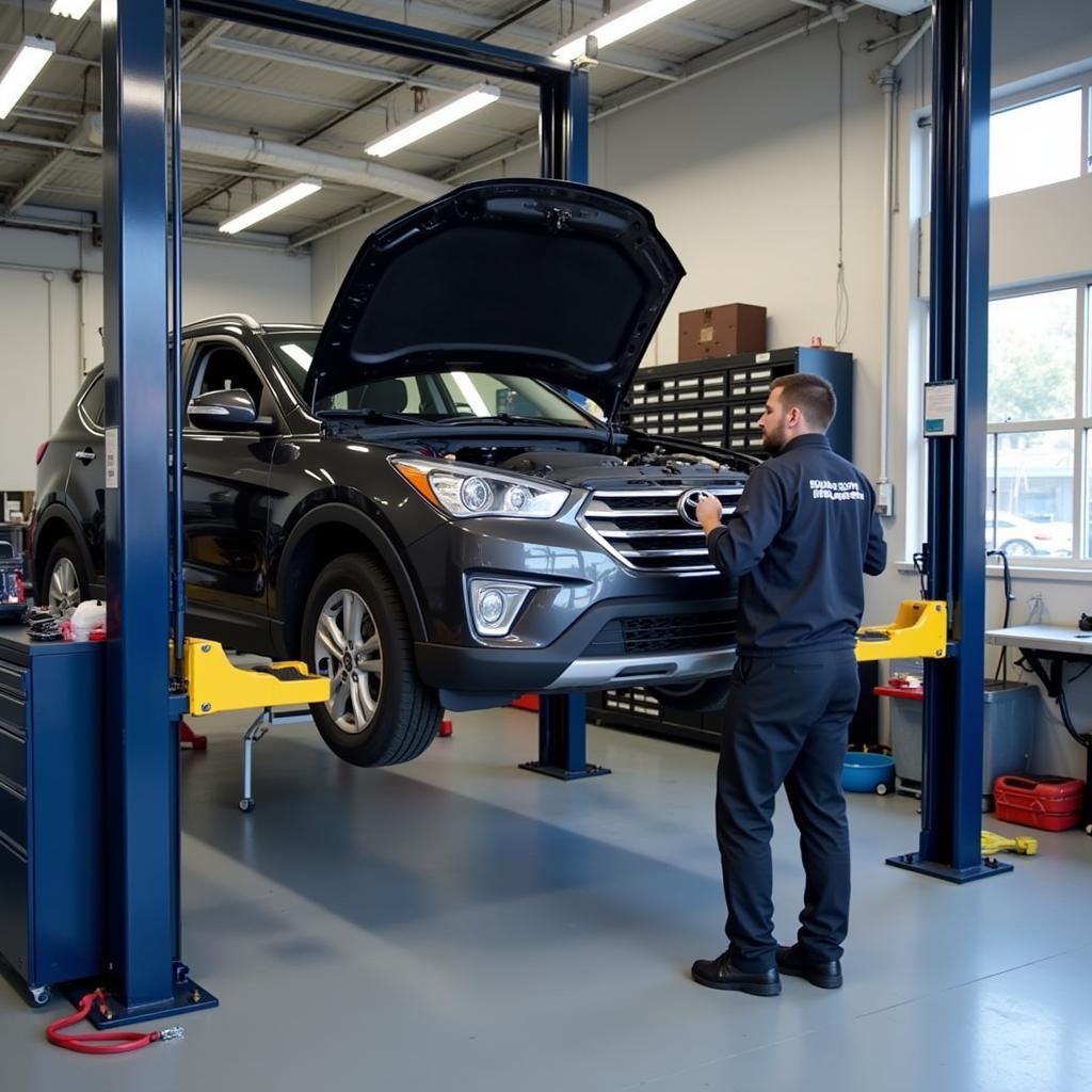 Car Undergoing Maintenance in a Repair Shop