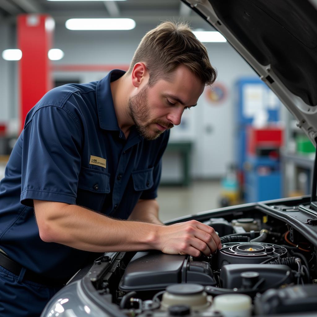 Certified ASE Technician Working on a Car