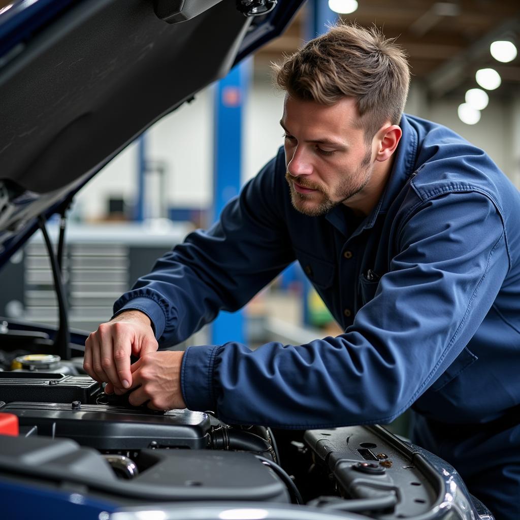 Certified ASE Technician Working on a Car Engine