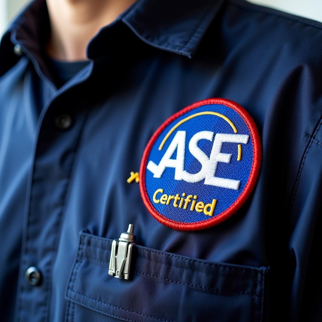 Close-up of ASE Certified Patch on Mechanic's Uniform