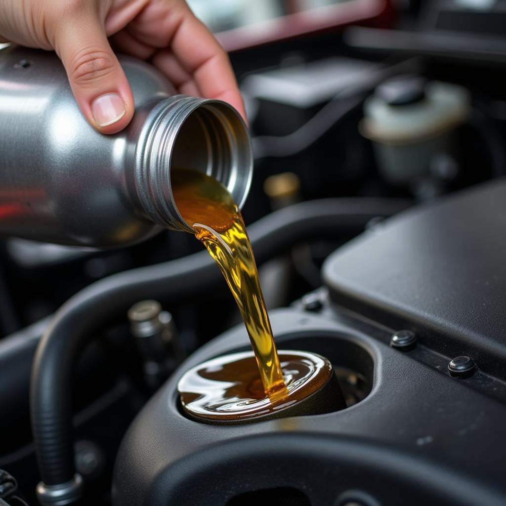 Close-Up of New Oil Being Poured Into Car Engine