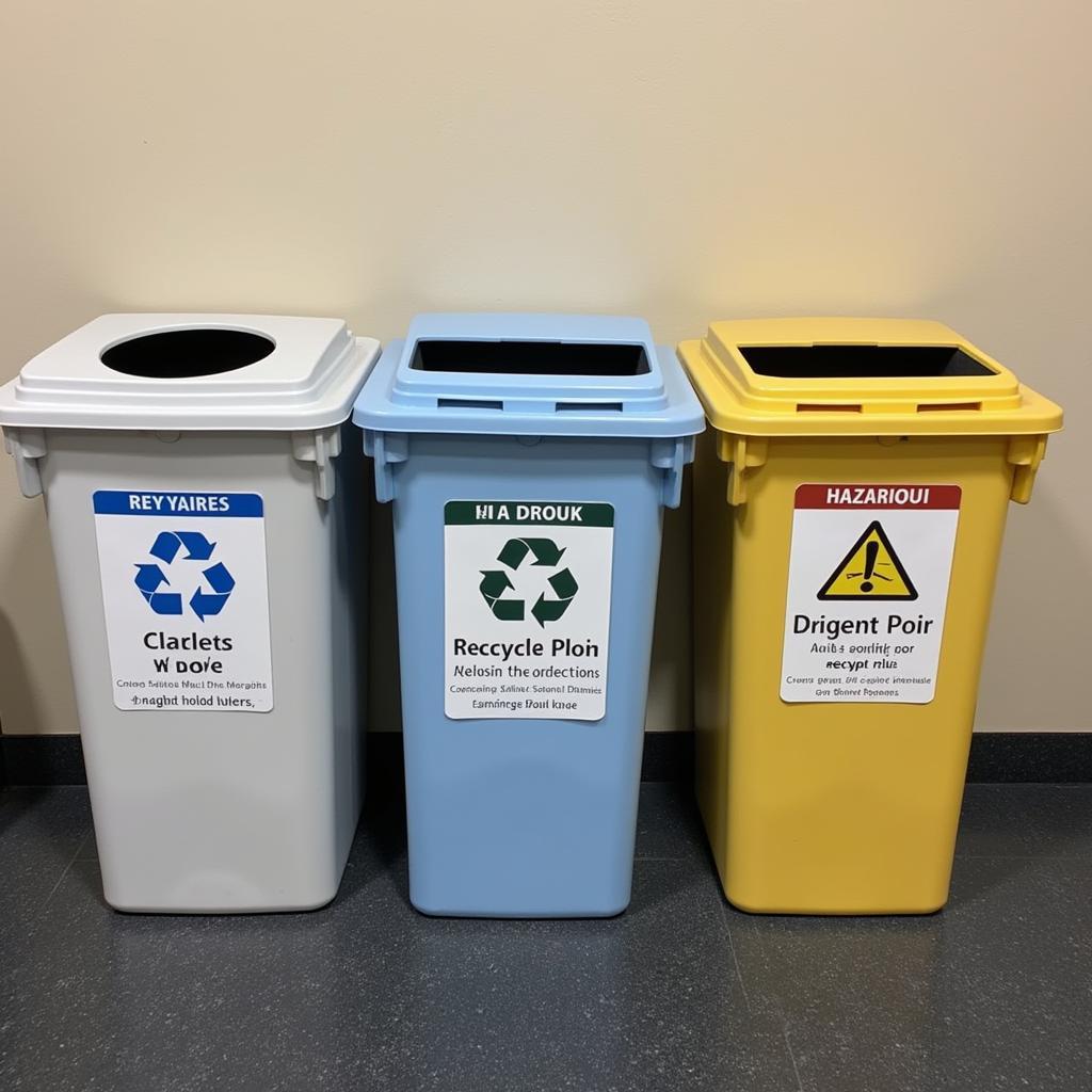 Compliant waste disposal system with clearly labeled bins in a company cleaning area.