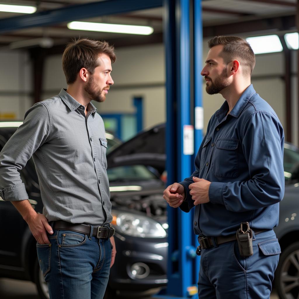 Customer Discussing Car Repair with Mechanic