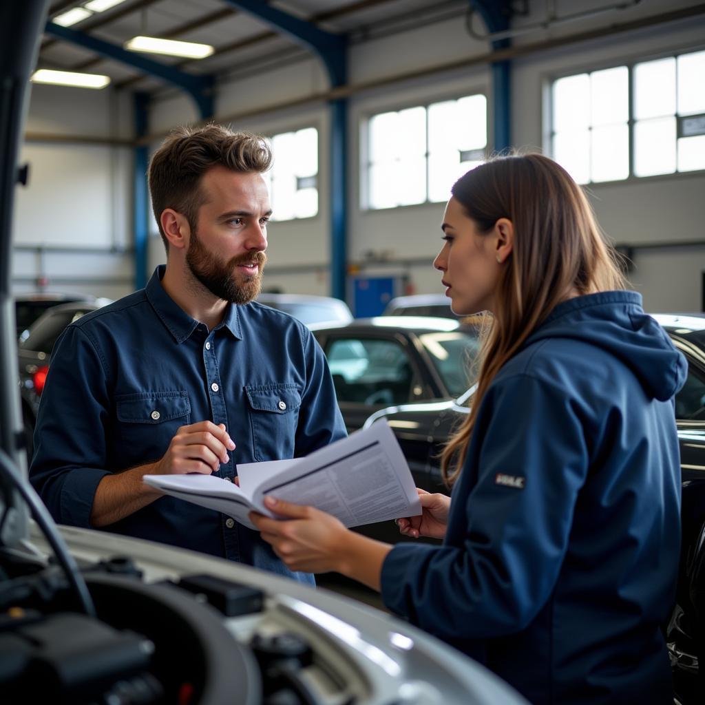 Customer Discussing Car Repair with Technician