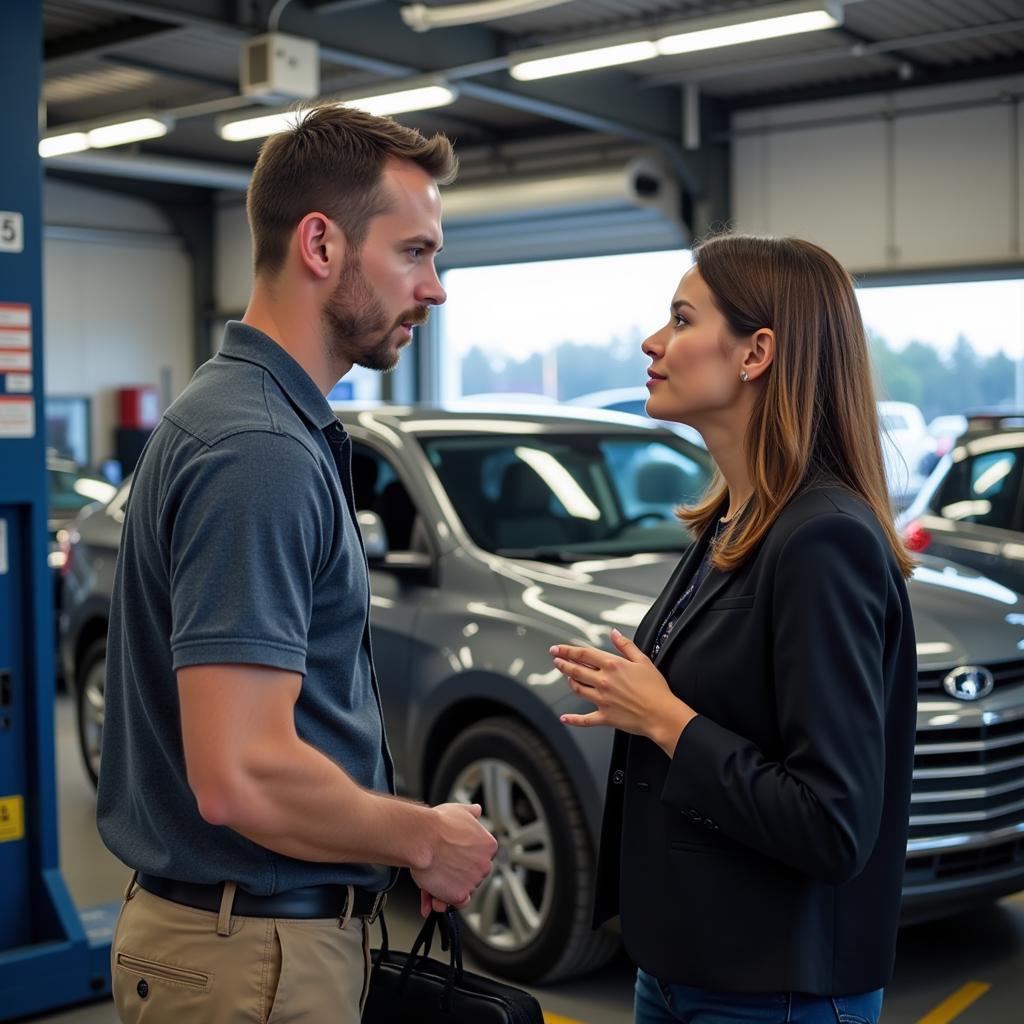 Customer Talking to an ASE Certified Advisor in a Repair Shop