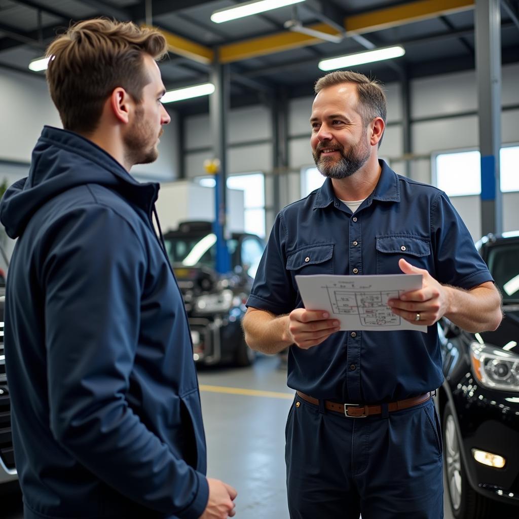 Customer Talking to Mechanic in Auto Shop