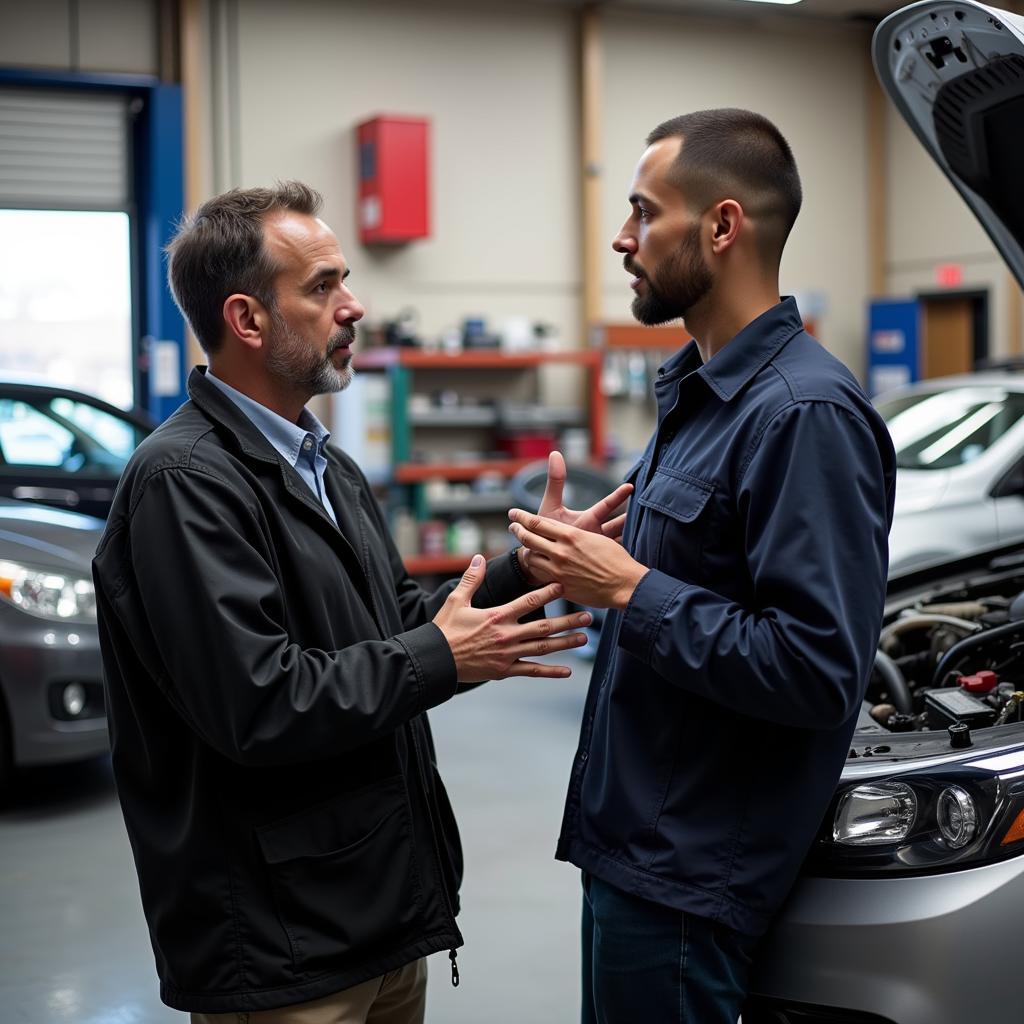 Customer Talking to a Mechanic in an Oakland Auto Repair Shop