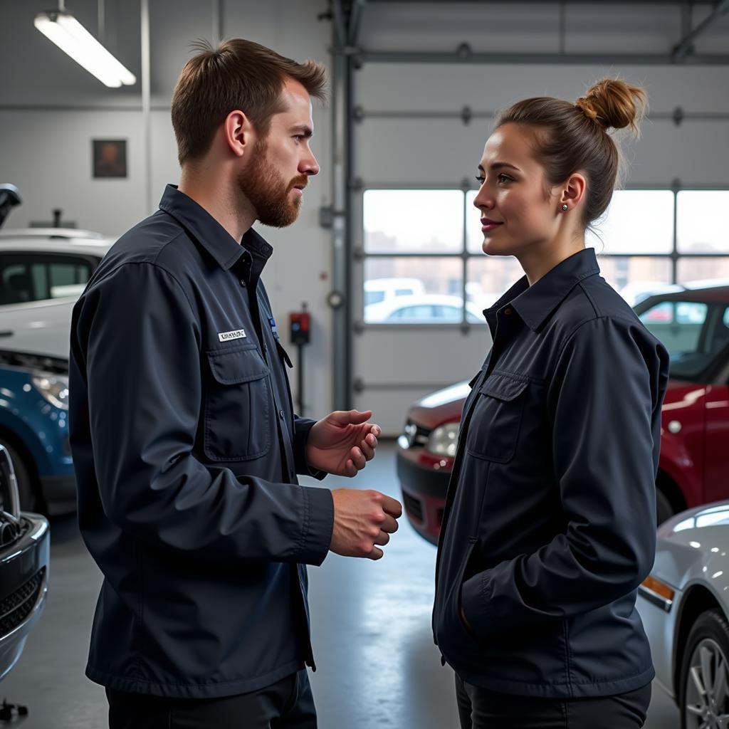 Customer Talking to a Mechanic in a Raleigh Auto Shop