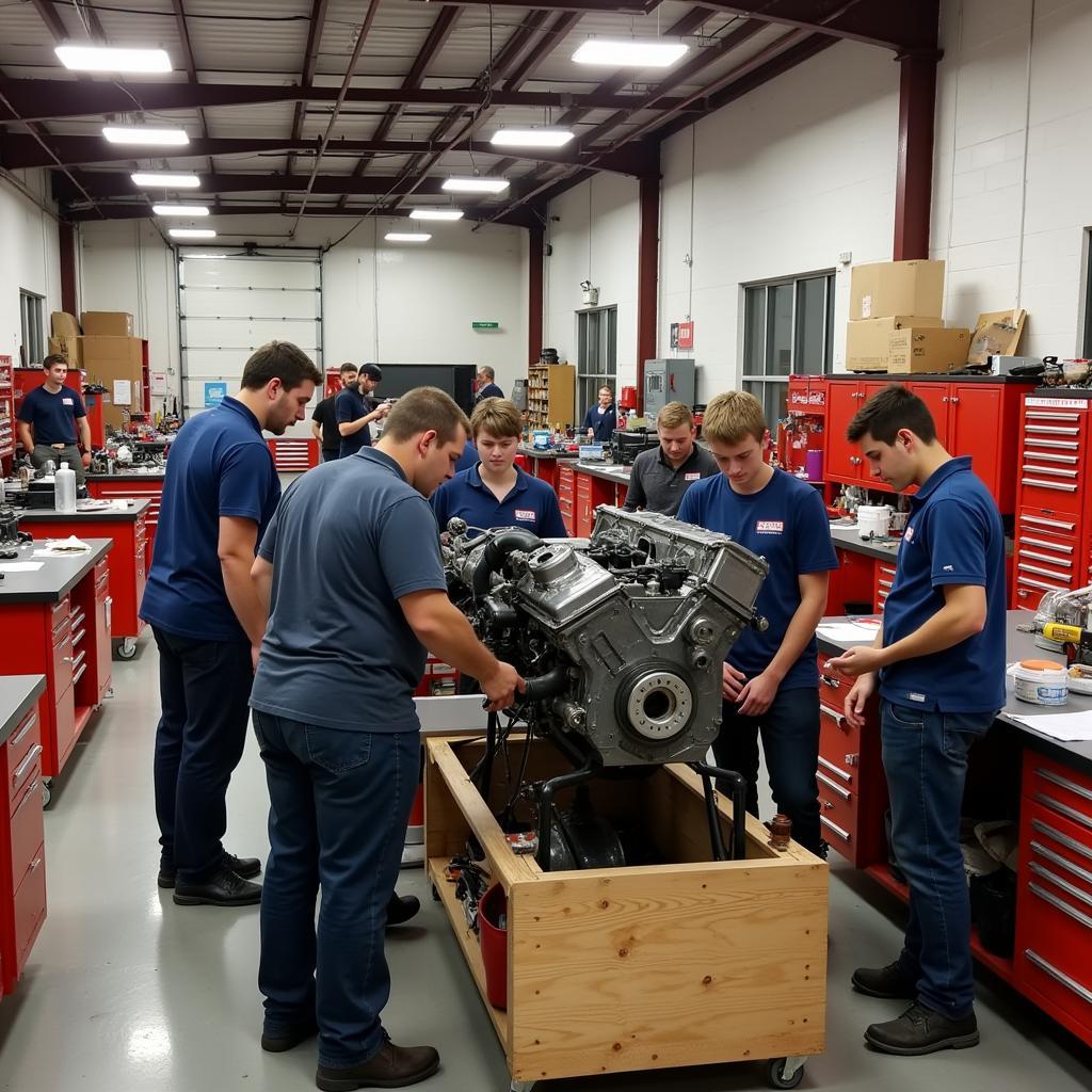 Students working on a diesel engine in a modern workshop