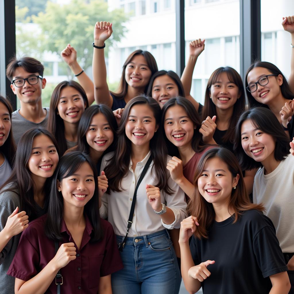 A diverse group of ASEAN students celebrates their success after the A8 exam, highlighting the rewards of hard work and dedication.