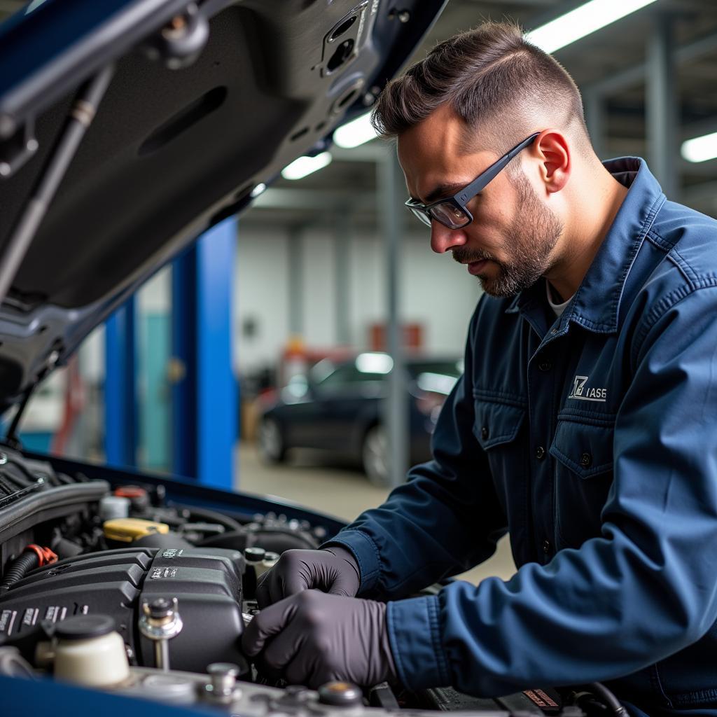 Experienced ASE Mechanic Working on a Car Engine