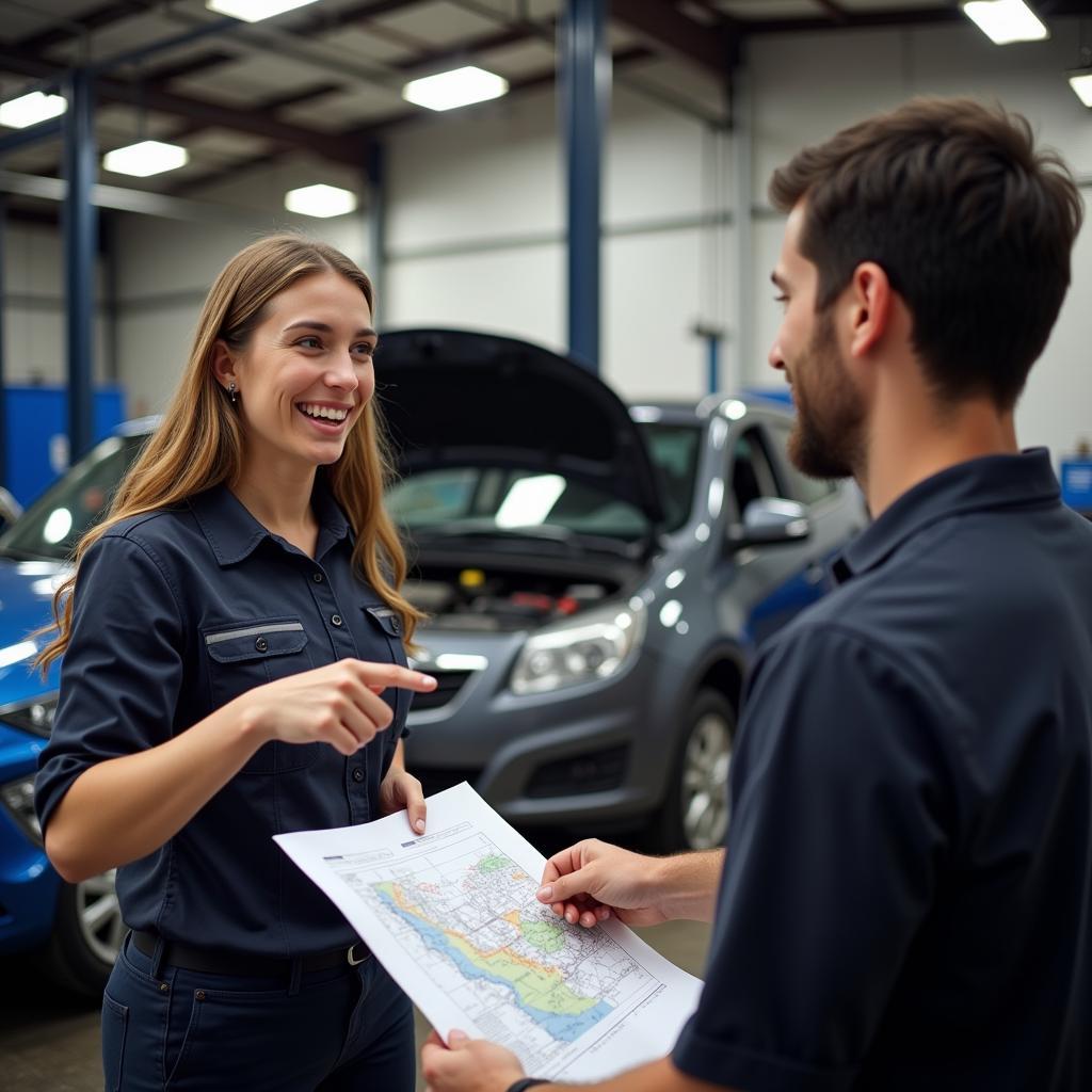 Female Mechanic Explaining Car Repair to a Customer