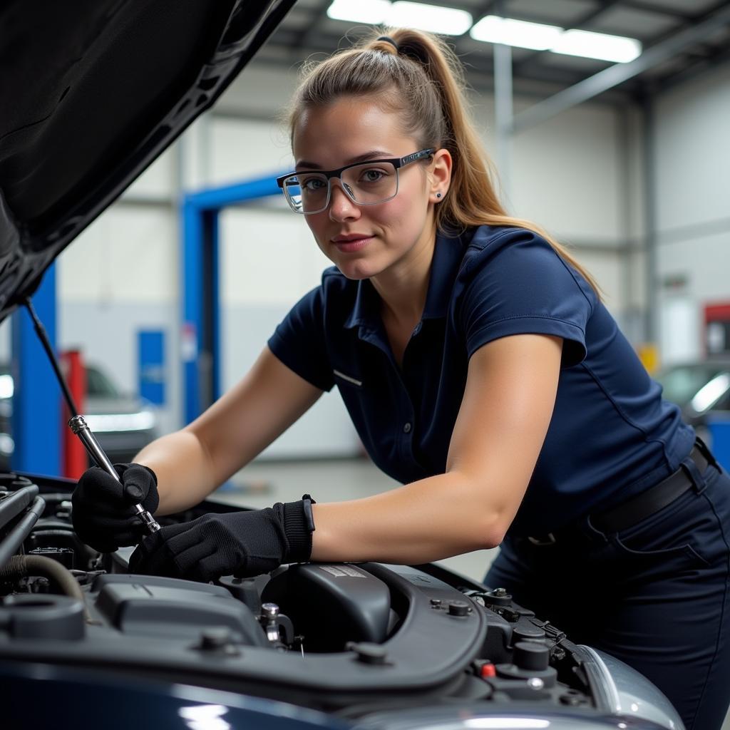 Female Mechanic Working on a Car Engine in San Antonio