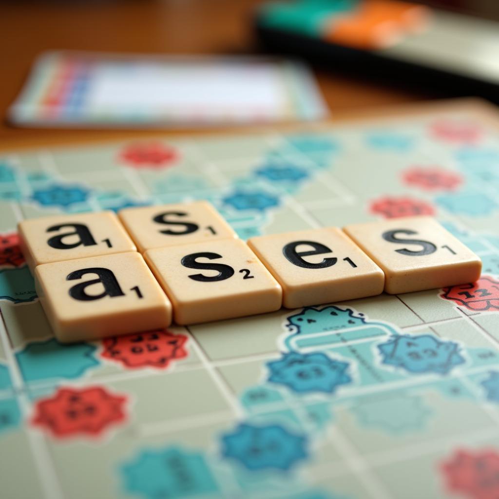 Scrabble tiles spelling out a five-letter word ending in "ases"