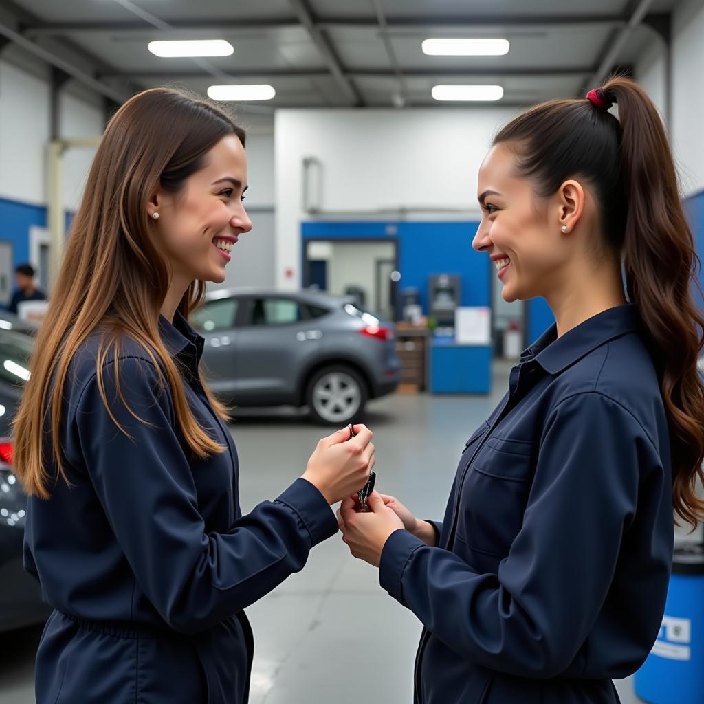 Happy Customer Receiving Car Keys from Female Mechanic