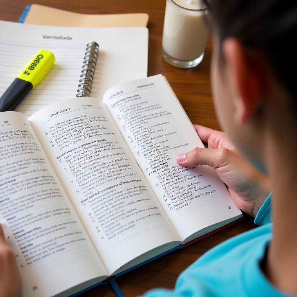 Student studying Spanish textbook