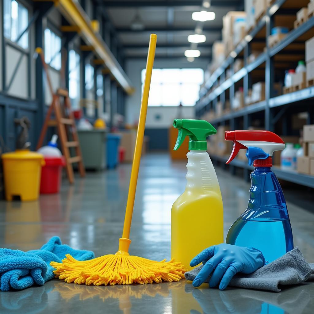 Industrial cleaning supplies being used in a factory setting