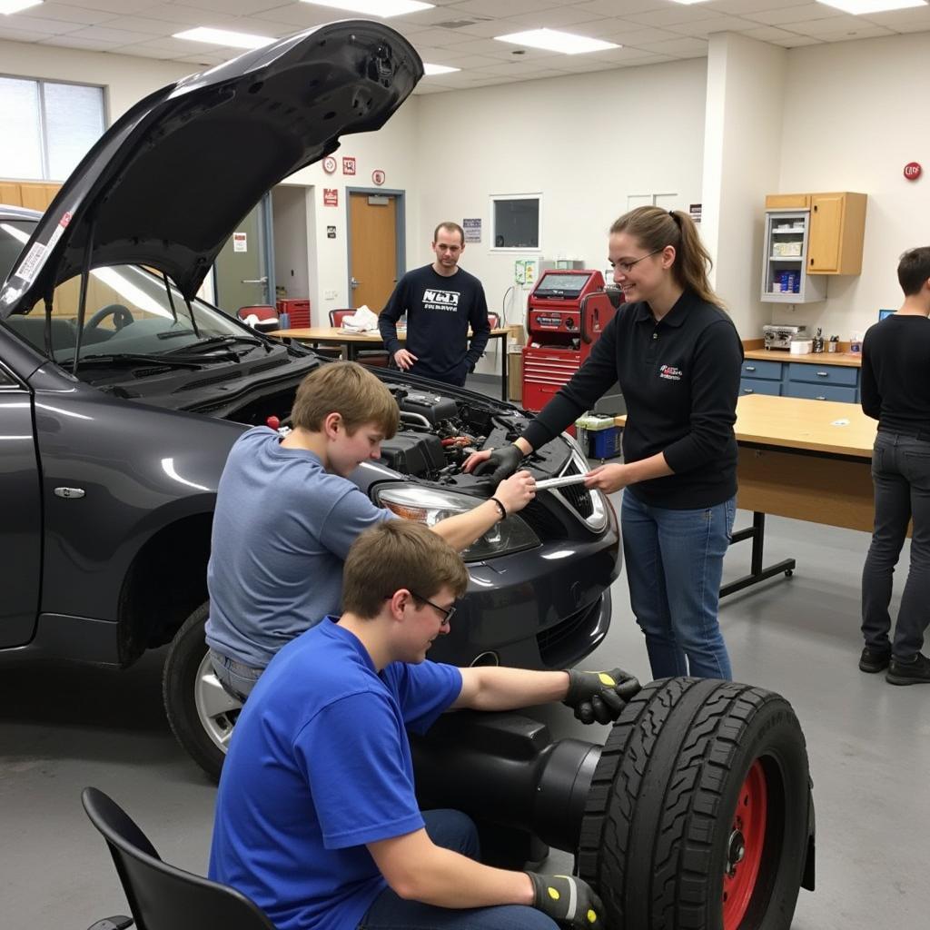 Students working on a car in the JCCC Automotive Lab