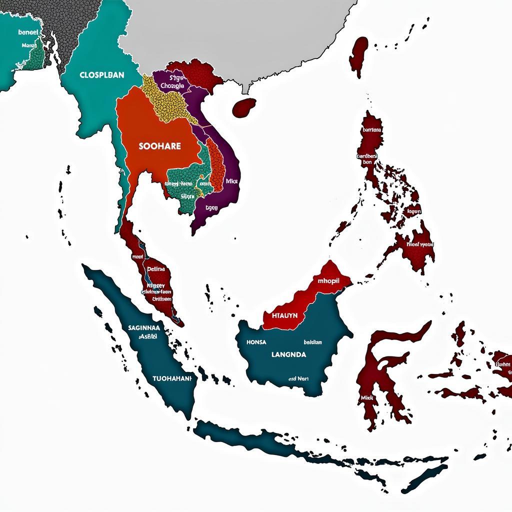 Map illustrating the linguistic diversity across Southeast Asia with highlighted language families and regions.