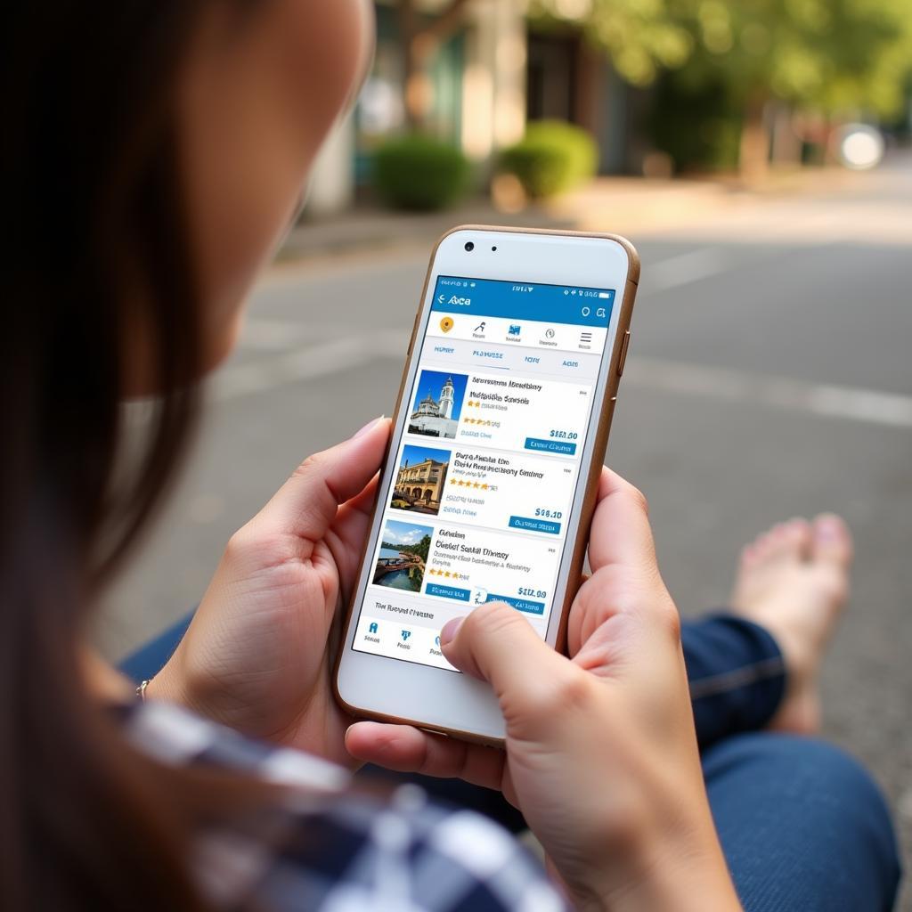 A person using a mobile phone to compare prices for flights and hotels in Southeast Asia, utilizing an asea coupon code to find the best deals.