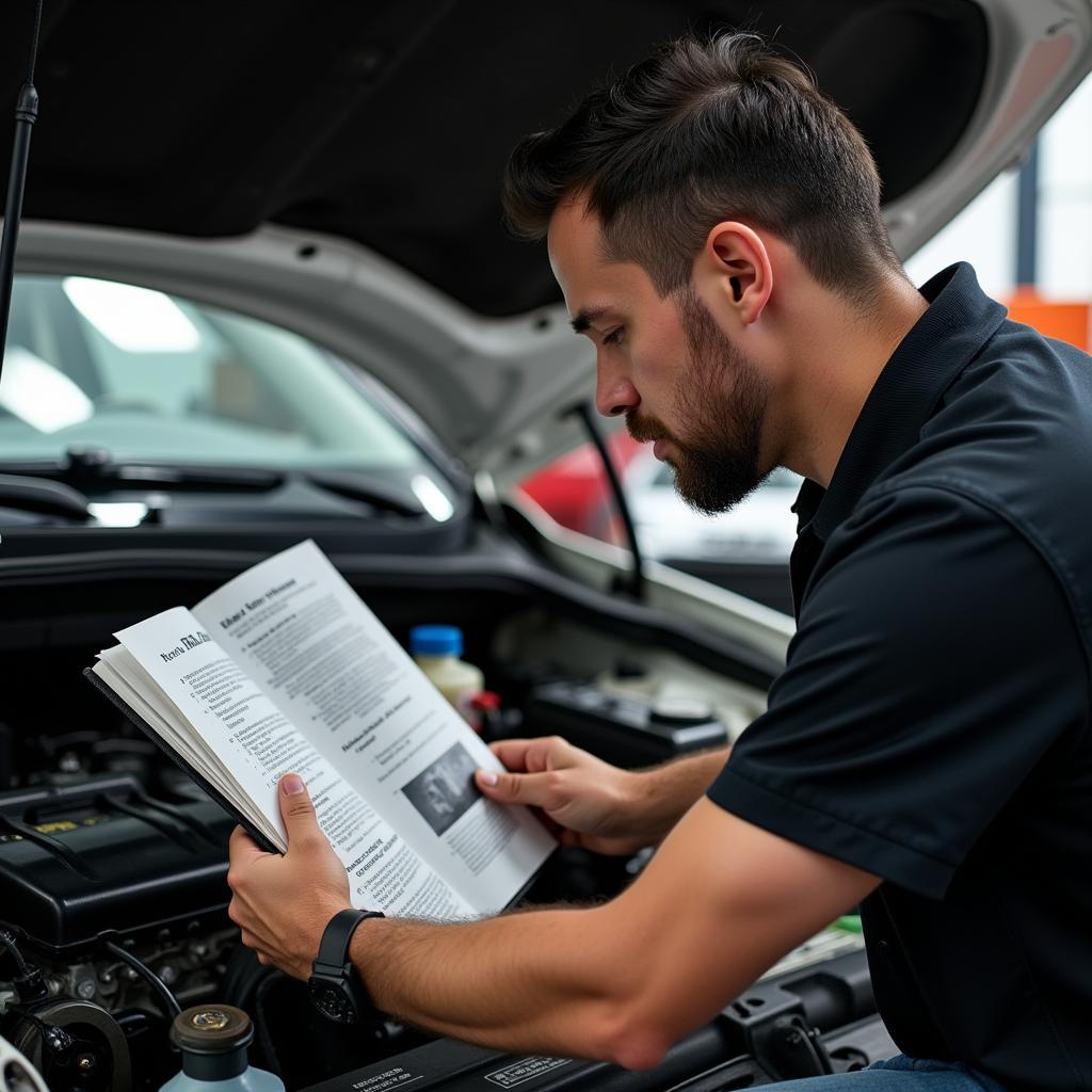 Mechanic Consulting a Toyota Repair Manual