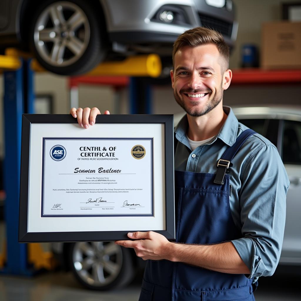 Mechanic Displaying ASE Certificate