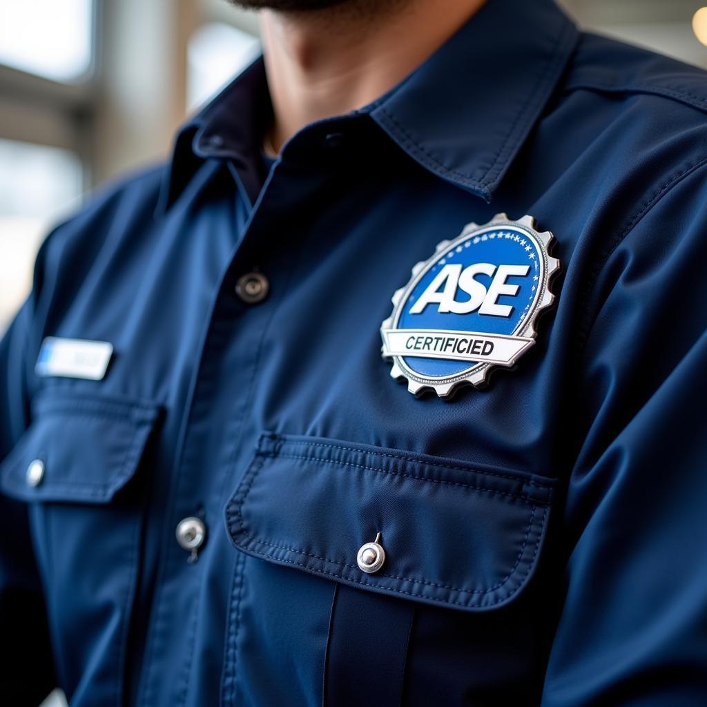 Mechanic proudly displaying ASE certification pin on their uniform.