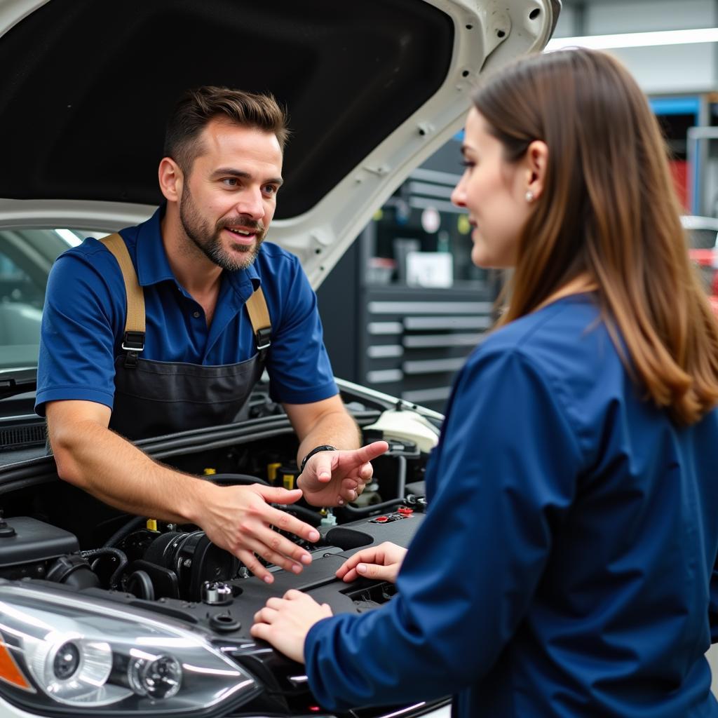 Mechanic Explaining Car Issue to a Customer