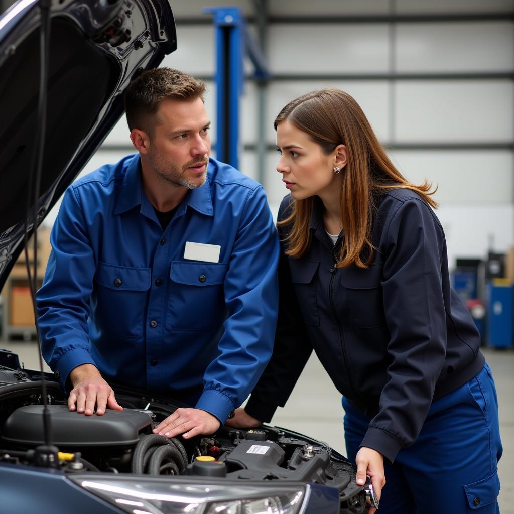 Mechanic Explaining Car Repair Details to a Customer