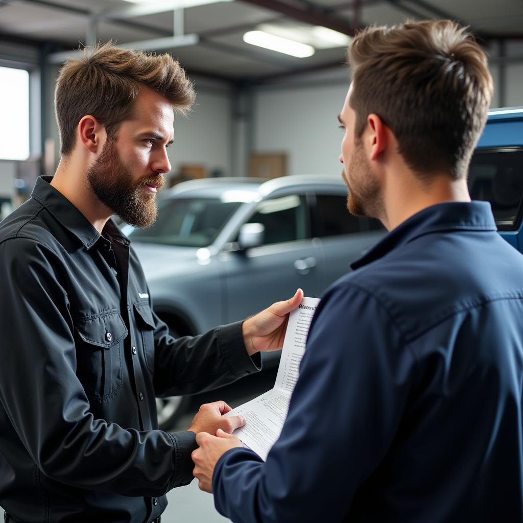 Mechanic Explaining Car Repair Details to Customer