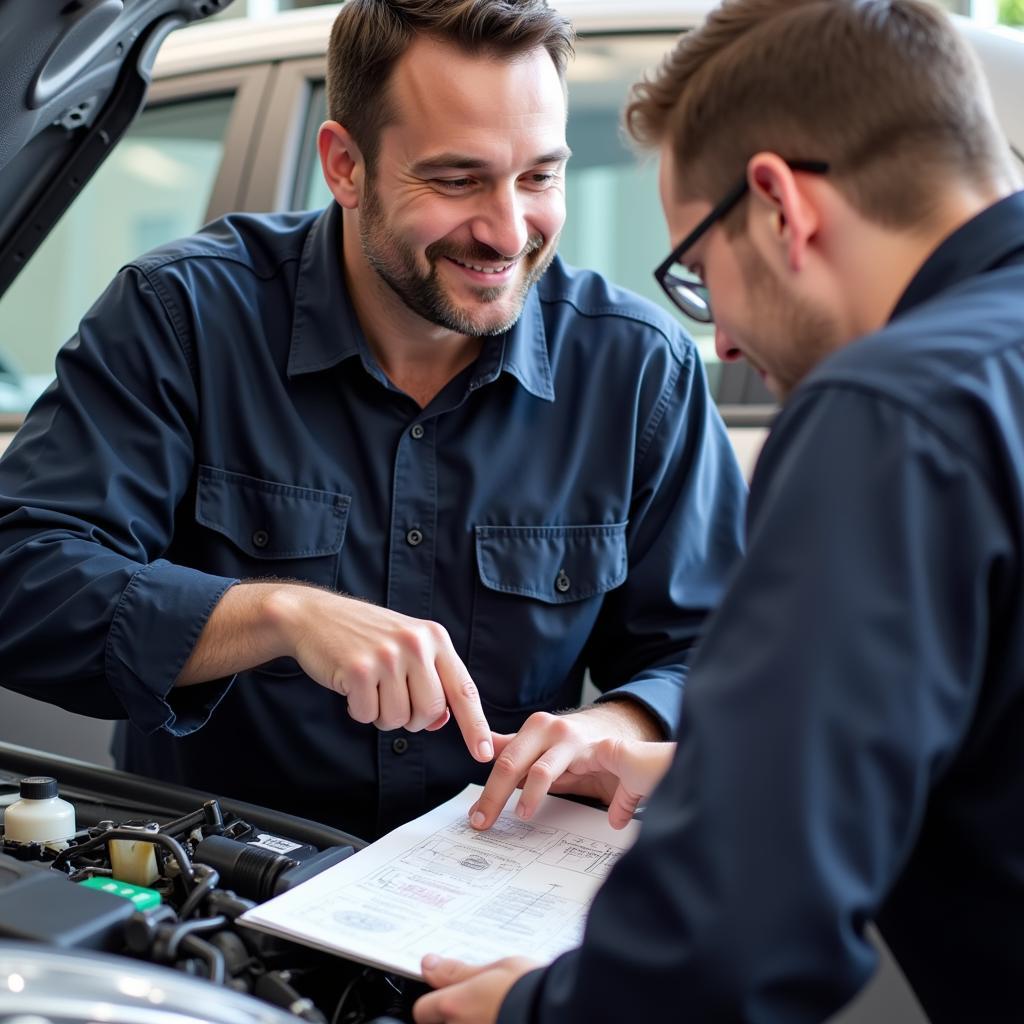 Mechanic explaining a car repair to a customer in Concord, NH