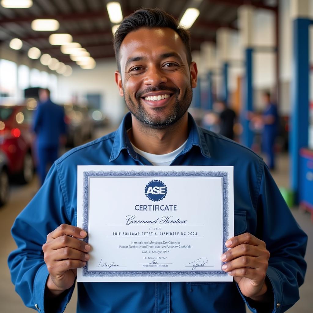 Mechanic Holding ASE Certificate