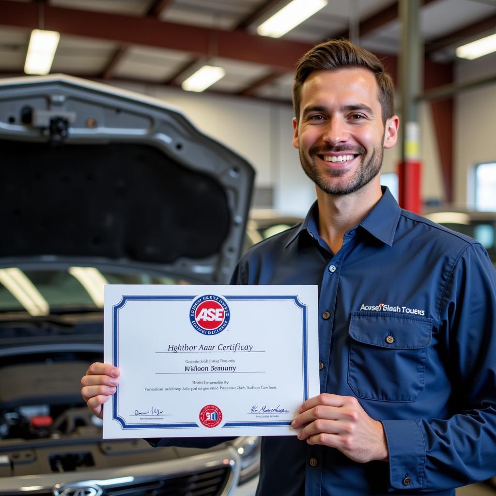 Mechanic Holding ASE Certificate