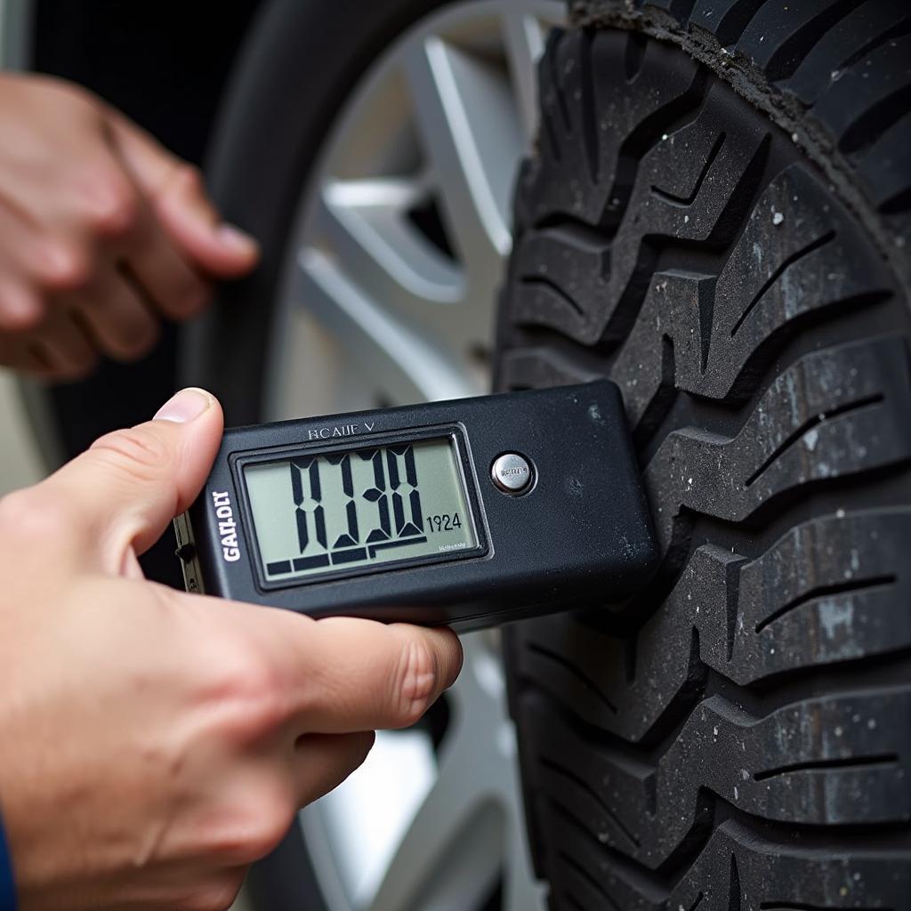 Mechanic Inspecting Tire Tread Depth