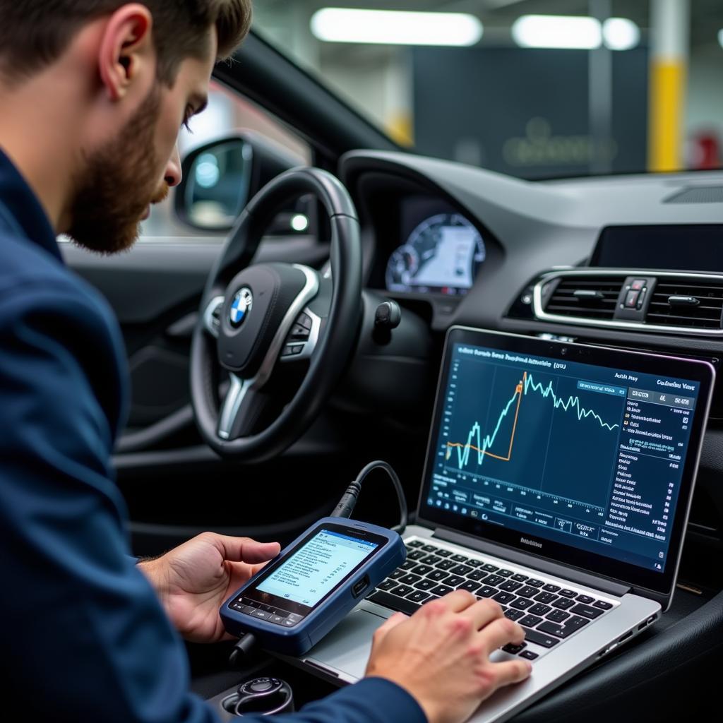 Mechanic Performing Diagnostic Test on BMW in Spring, TX