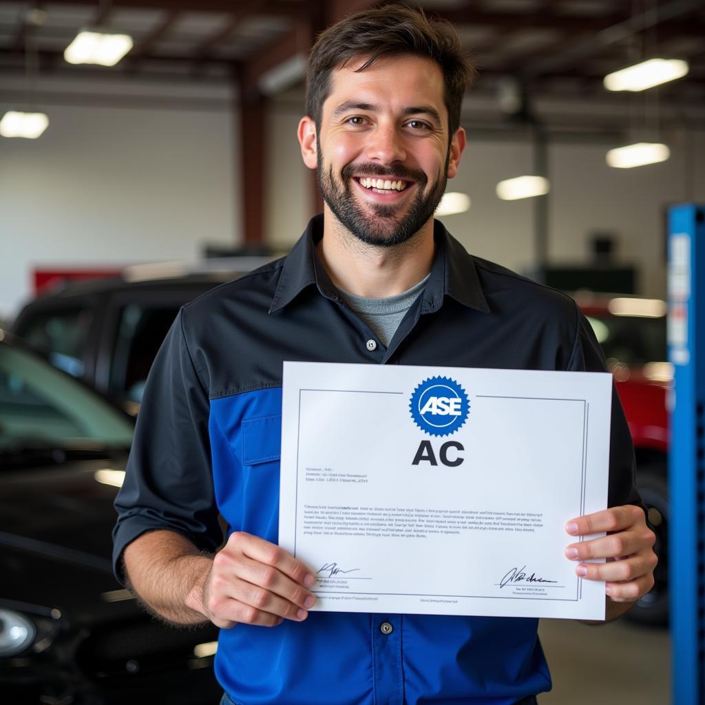 Mechanic Proudly Displaying ASE AC Certificate