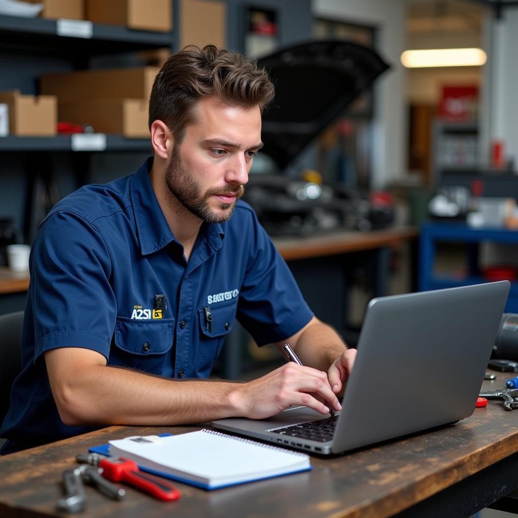 Mechanic reviewing notes after watching ASE L1 test prep videos.