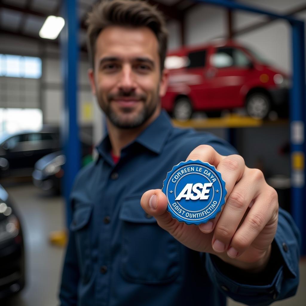 Mechanic Proudly Displaying ASE Certification