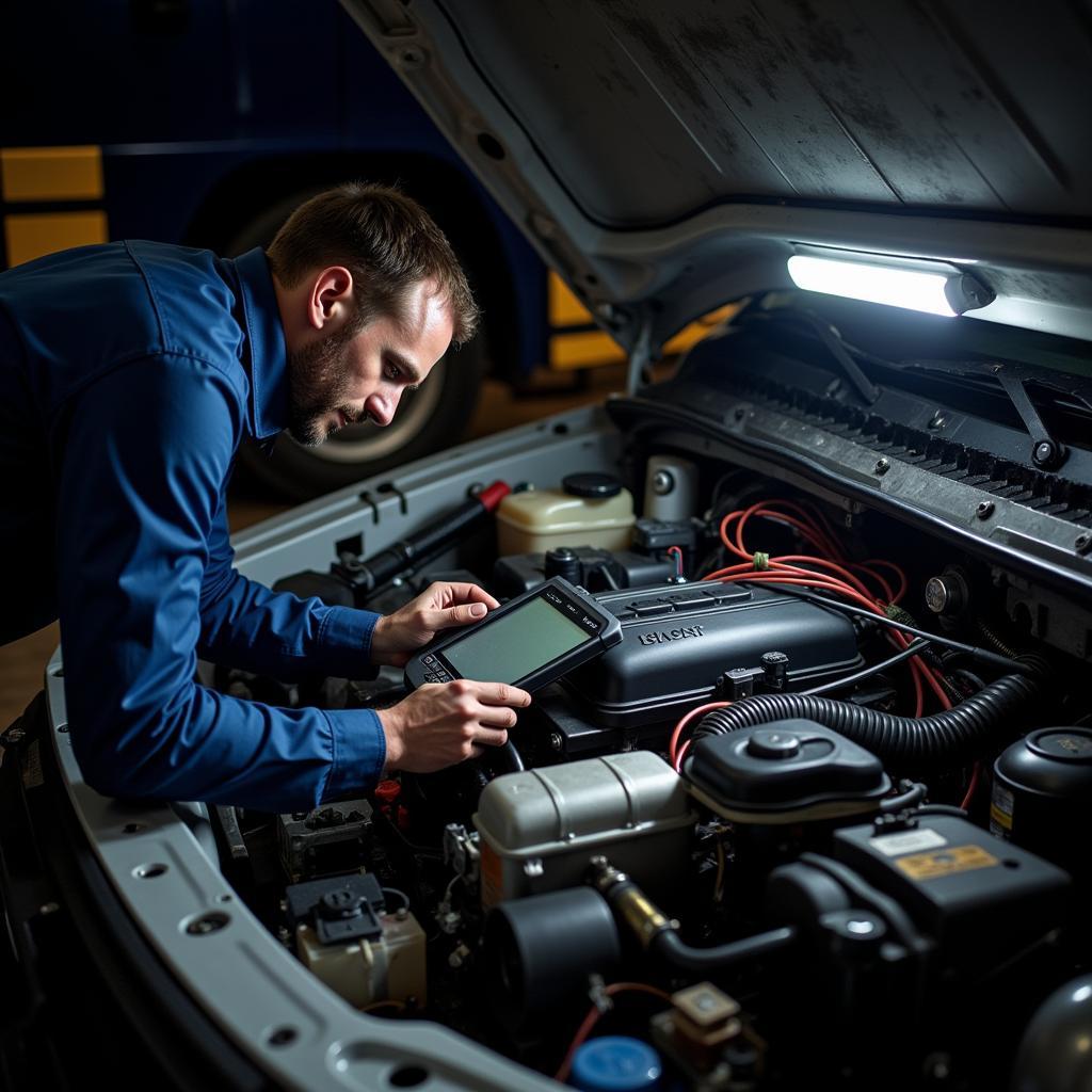 Mechanic Troubleshooting Electrical System in a Truck