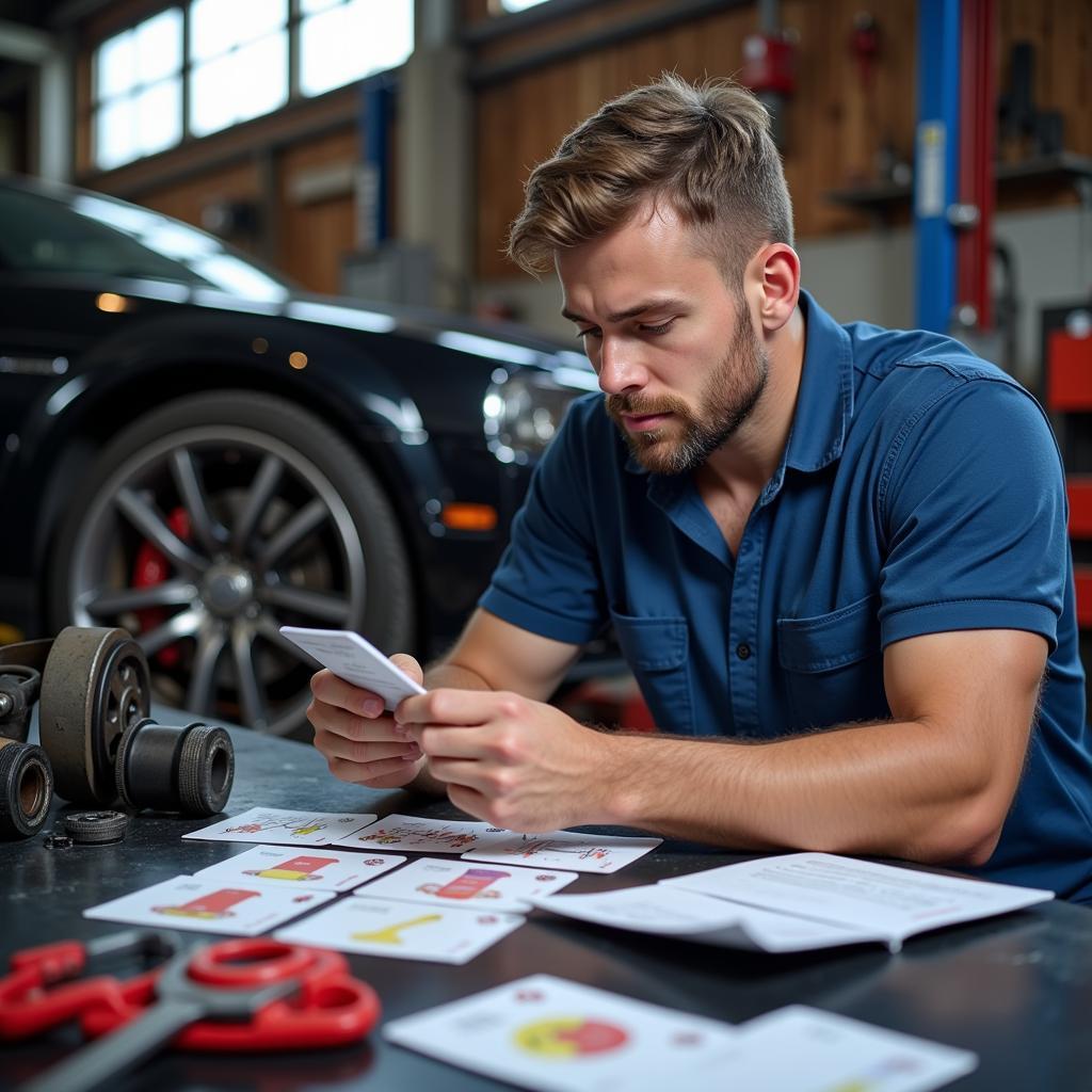 Mechanic Using ASE Brake Flashcards in Garage