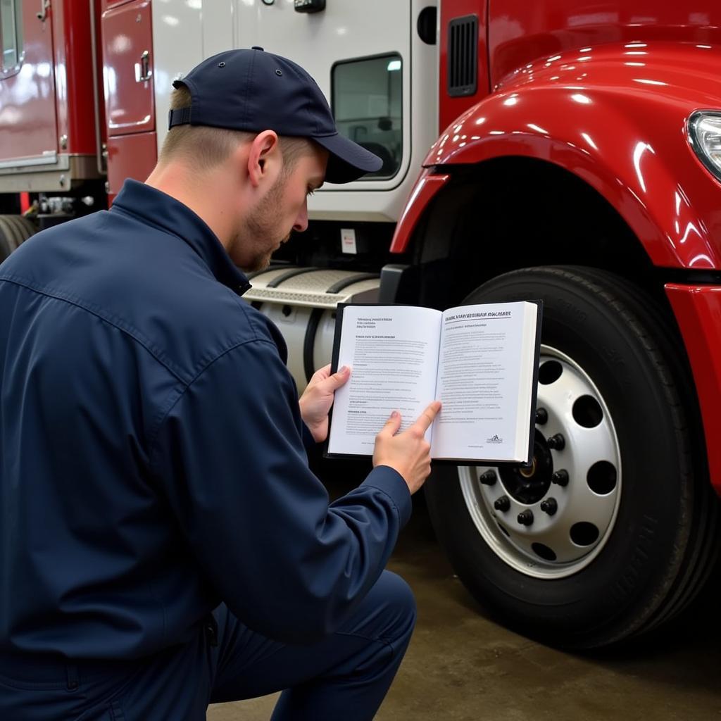 Mechanic Using ASE Manual for Truck Repair