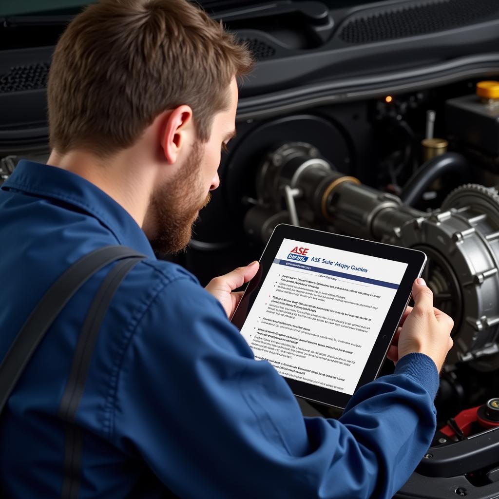 Mechanic using ASE study guide while working on a car