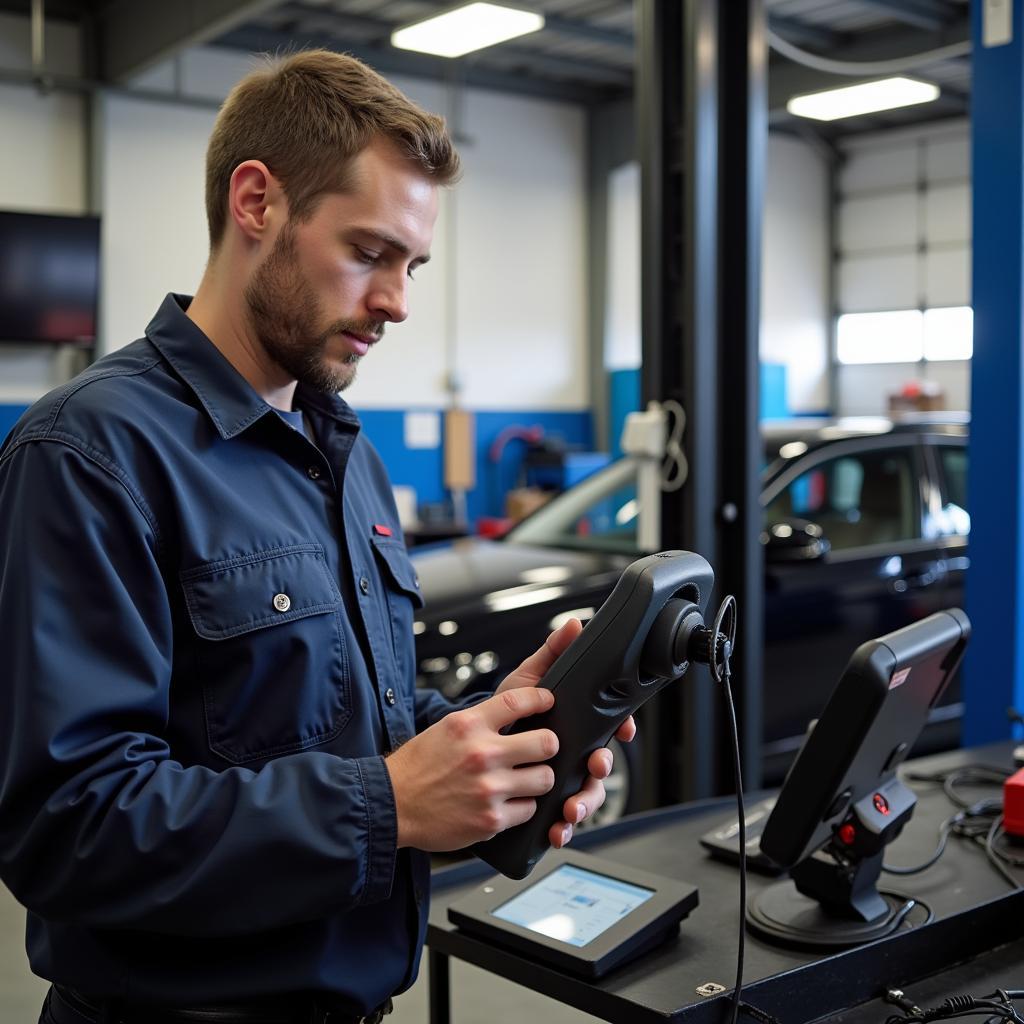 Mechanic Using a Diagnostic Tool in a Georgetown KY Garage