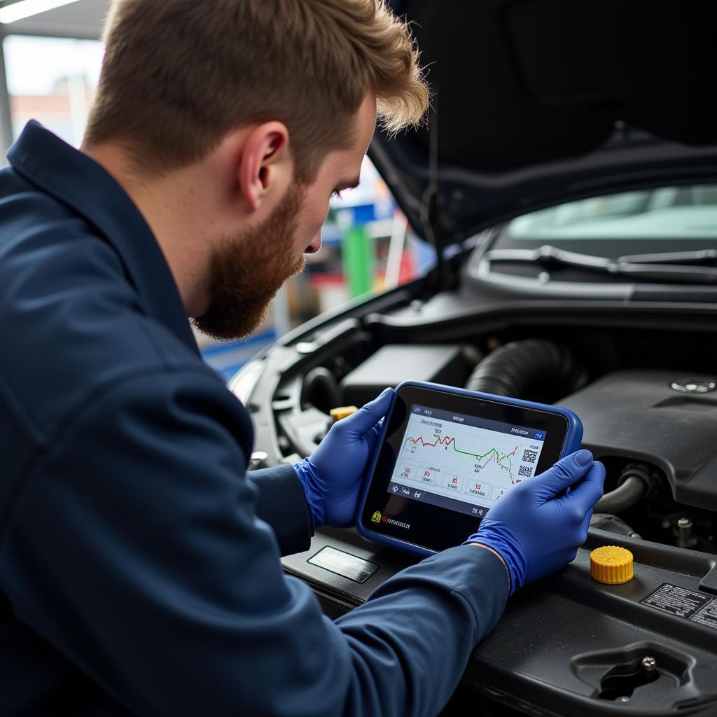 Mechanic Using Diagnostic Tool in Jacksonville Auto Repair Shop